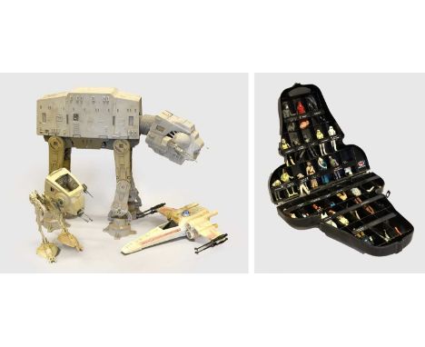 Star Wars Various Figures And Vehicles including a Darth Vader carry case containing various figures: Sy Snoodles, Ewok, Han 