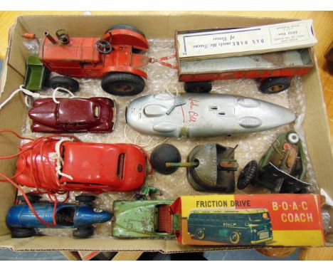 ASSORTED TINPLATE &amp; OTHER TOYS comprising a Gama tinplate tractor and trailer, red, fitted with a clockwork mechanism, fa