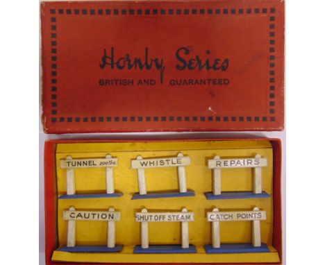 [O GAUGE]. A MISCELLANEOUS COLLECTION comprising a Hornby Accessories Set No.8, Notice Boards, boxed; Hornby two-road engine 