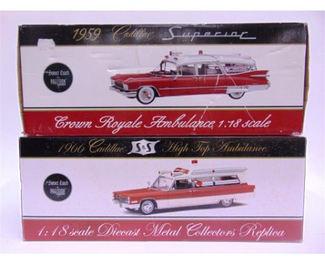 TWO PRECISION MINIATURES 1/18 SCALE MODEL AMBULANCES comprising a 1959 Cadillac Superior, and 1966 Cadillac S & S High Top, e