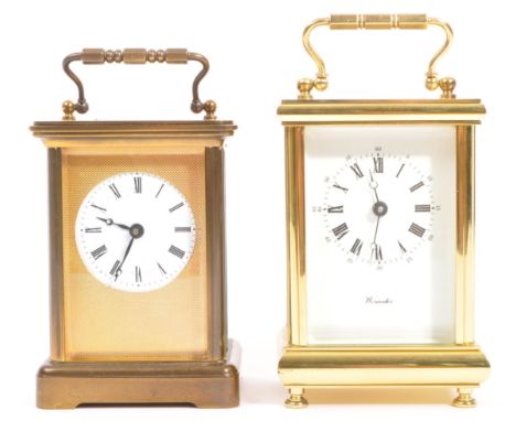 Two early 20th century brass carriage clocks to include a Worcester example with French movement and another with engine turn