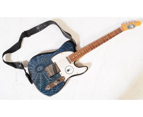 A vintage 20th century electric guitar with custom spider web sticker design to the body and mother of pearl inlaid position 