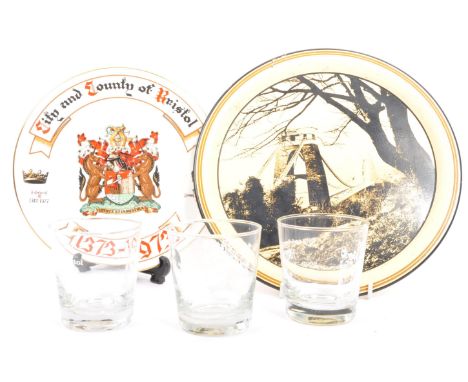 Two vintage, retro local Bristol interest plates and tumbler glasses. First being 'The Clifton Suspension Bridge, engineered 