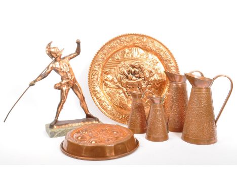 A collection of vintage 20th century copper items. To include, a hammered display wall plate charger, Achilleas / Achilles Ro