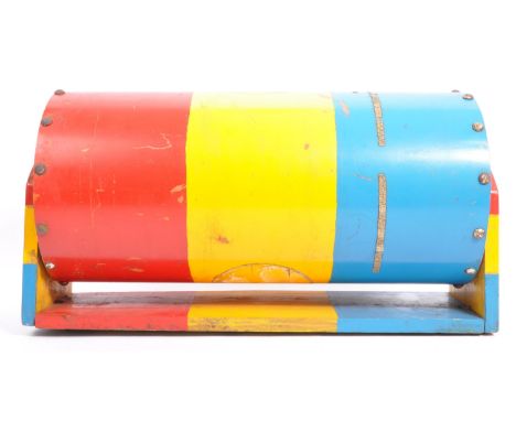 A vintage mid century tombola machine / raffle drum tickets machine. The painted wooden drum having metal sliding door with a