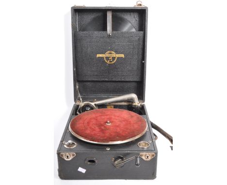 A retro vintage mid 20th century Columbia Viva-tonal portable gramophone number 109. With turntable and chrome playing arm ho