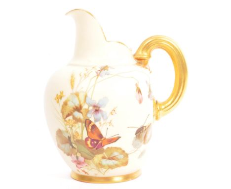 Royal Worcester - A 19th Century late Victorian hand painted blush ivory porcelain jug. Hand painted floral and butterfly des