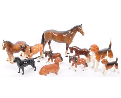 A collection of vintage 20th century ceramic Beswick animal figurines. Comprising of Shire horses, ponies, Dachshund dog, Bea