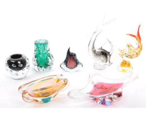 A collection of vintage mid 20th century glass to include a Liskeard glass knobbly vase in green colourway by Jim Dyer, a 196