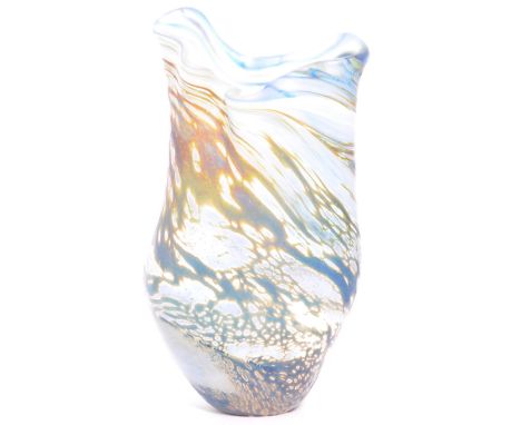 A 2014 Lesley Clarke studio art glass vase, of abstract shape, of nautical / seascape colours and design, with inscribed sign