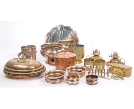 A collection of 19th century and later brass, copper and silver plate to include a Victorian kettle, Indian repousse beakers,