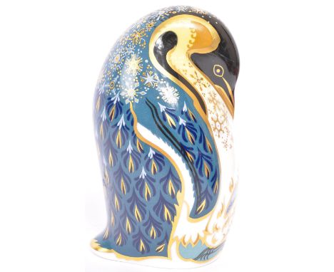 A vintage 20th century Royal Crown Derby fine English bone china bird, paperweight, in the form of a Penguin, having gilt and