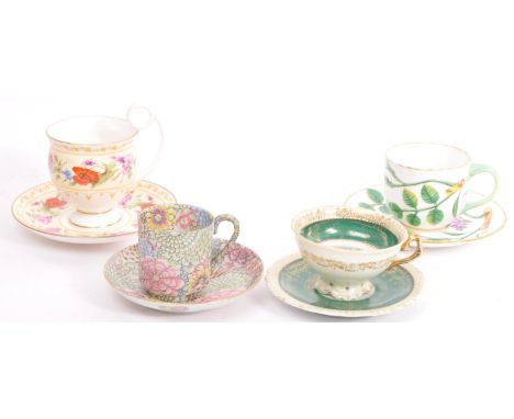 A collection of four fine bone china coffee cups and saucers by Royal Worcester (two), Royal Vienna and one oriental, hand pa