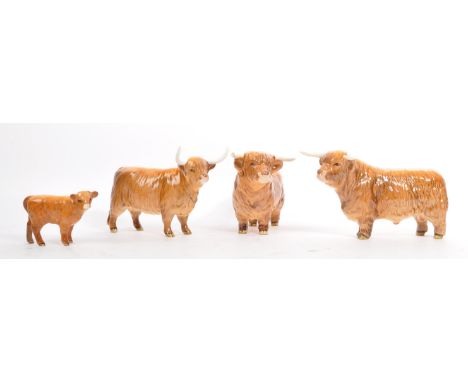 Beswick - A collection of vintage 20th century Beswick bone china Highland Cattle figures. All marked for Beswick. One with r