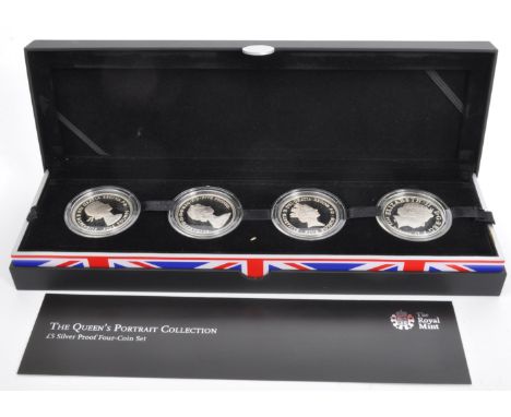 A Royal Mint The Queen's Portrait collection £5 silver proof four-coin set, in fitted case with certificate and booklet 'The 