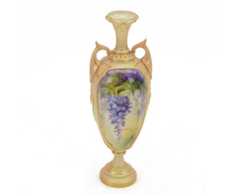 20th century Royal Worcester twin handled pedestal vase, the panels decorated with wisteria and signed Cole, with puce printe