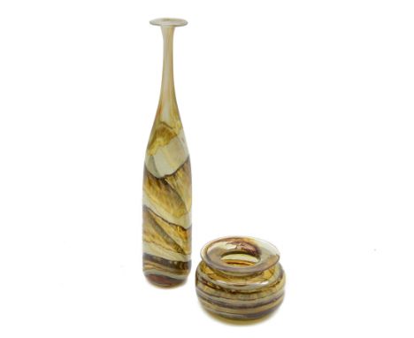 Two Isle of White Michael Harris 'Tortoiseshell' vases, the first of elongated tapered form, the second of compressed ovoid f