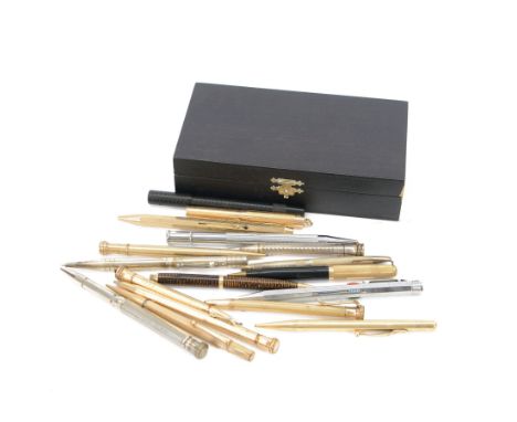 Two silver ballpoint pens, hallmarked, together with a collection of rolled gold, and other pencils and pens, including brand