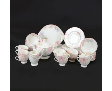 Royal Albert Ophelia pattern tea service, comprising teapot, milk jug, sugar bowl, ten teacups and saucers, 10 small plates, 