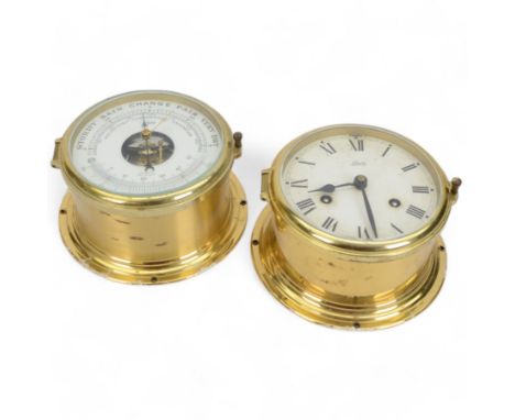 German Schatz brass cased bulkhead ships clock and barometer/thermometer, case D16cm