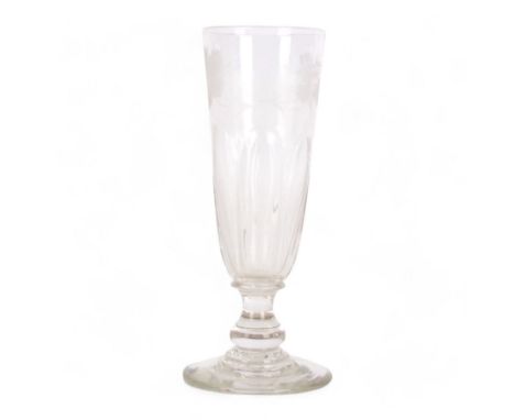 Early 19th century drinking glass, the part fluted funnel bowl engraved with leaves, upon a short knopped stem, and flat foot