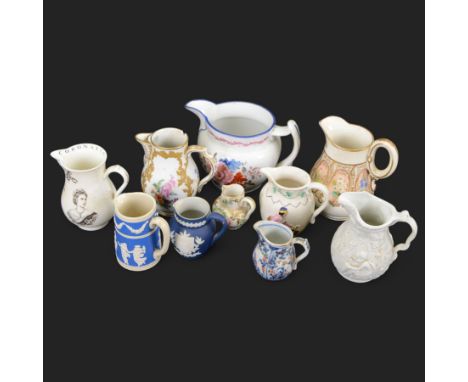 19th century and later ceramic jugs, including small Royal Crown Derby example, painted with florals and gilt leaves, Adams J
