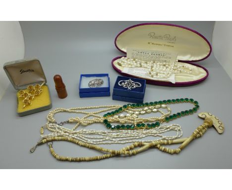 A string of Rosette simulated pearls, two other faux pearl necklaces, other jewellery, and a small treen scent bottle holder 
