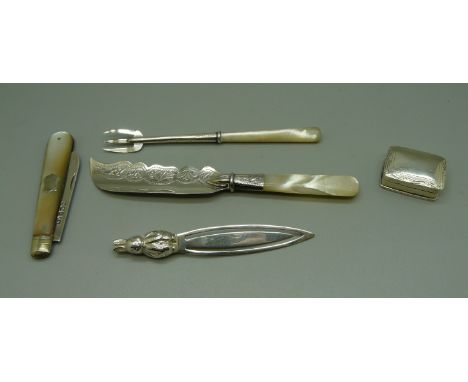 Three silver and mother of pearl items, a silver rabbit bookmark and a 925 silver pill box 