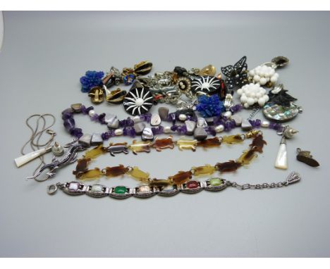 Jewellery including clip-on earrings, a Celtic bracelet, an amethyst and pearl necklace, etc. 