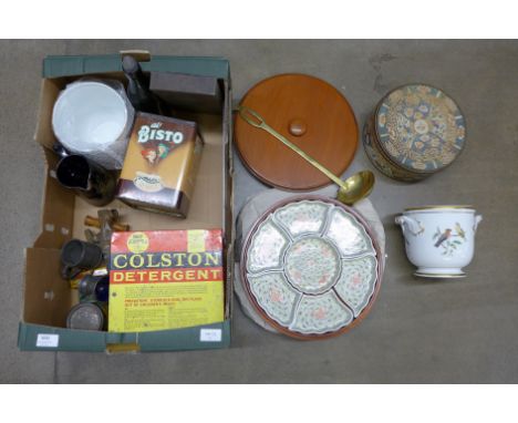 A box of mixed items including a Northampton Brewery bottle, a Queen Victoria Jubilee jug, a/f, a Dalex gauger for wines, spi