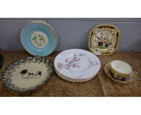 Four Spode Roberta dinner plates, a European 'scumble' edge dish, five dessert plates and a porcelain cup, saucer and plate, 