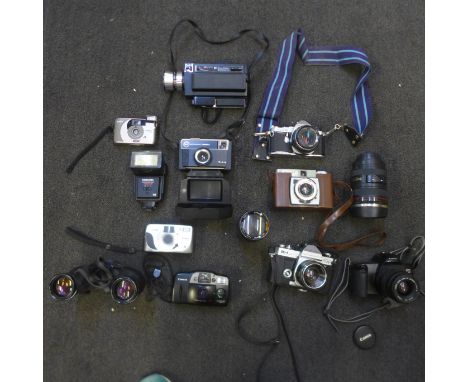 Cameras; Pentax ME Super Topcon 1C-1 auto, Coronet, a Bell &amp; Howell cine camera, lenses, etc., a pair of Boots 7x35 binoc