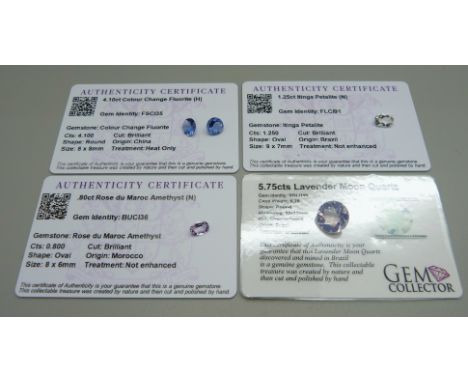 Unmounted gemstones, colour change fluorite x2, Itinga Petalite, Rose du Maroc amethyst and Lavender Moon quartz, all with ce