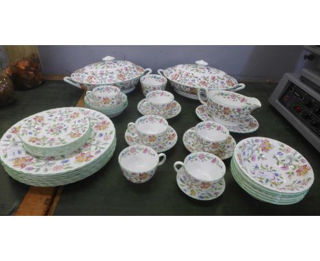 A Minton Haddon Hall tea and dinner set, comprising two tureens, six dinner plates, six bowls, four small bowls, gravy boat, 