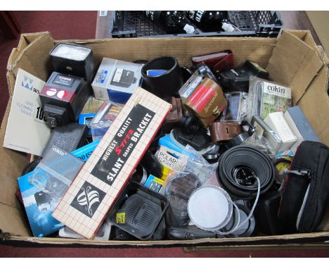 A Large Quantity of Lens Filter, Hoods, Flash Units, Light Meters, Brackets, many items camera related.