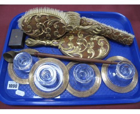 Gilt Pierced Metal Covered Brush Set, four squat candlestick, etc:- One Tray