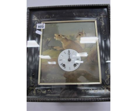 A XIX Century Picture Clock, black numerals to white enamel dial, eight day movement, surrounded by painted study of two lynx