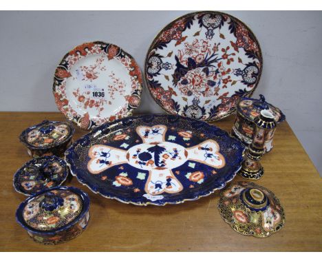 A Royal Crown Derby Porcelain Trinket Set, decorated in Imari pattern 4591, comprising shaped oval tray, candlestick (A/f), r