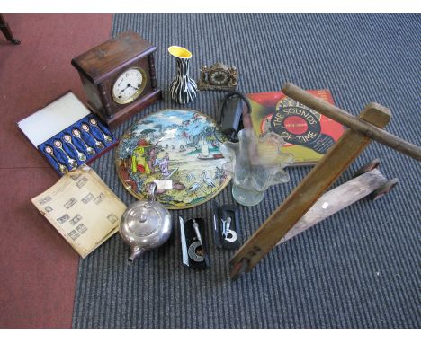 Sessions Clock, album of records, Chinese theme plaque, BT 'Jet' phone vases, plated teapot, silver lid, stamp albums, spoons