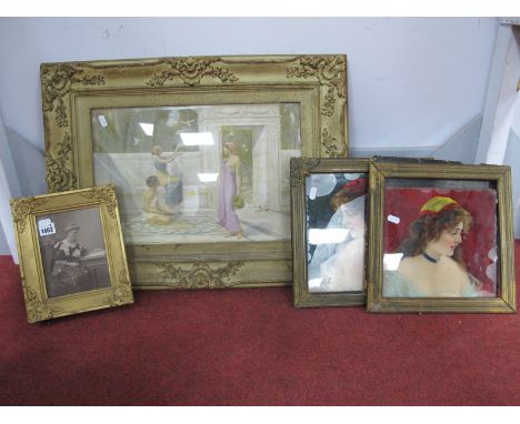 Pair of Early XX Century Prints of Glamorous Ladies, 25cm square, classical print after Henry Ryland, another of lady at a de