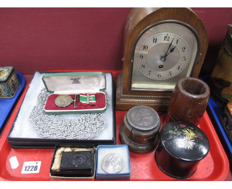 An Oak Cased 30 Hour Clock, Siemens, Queen Victoria vesta case (damaged), medal, etc:- One Tray.