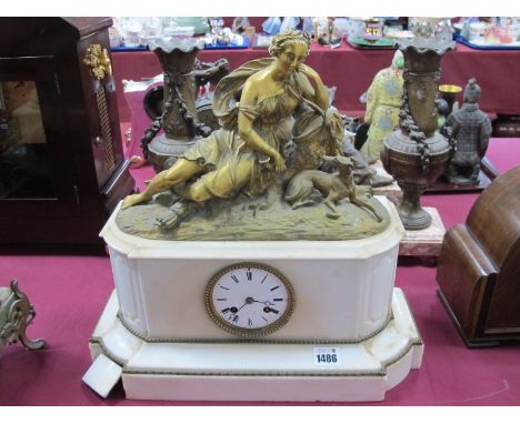 A Late XIX Century French Ormolu and White Marble Mantel Clock by Stenward Boulange, the top surmounted with a reclining clas