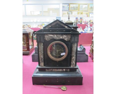 A Late XIX Century Slate and Grey Marble Mantle Clock, of architectural form, the black chapter ring with Roman numerals, 40c