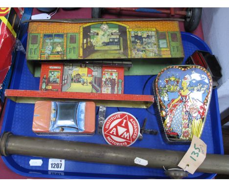 Hornby Tin Plate Railway Station, 34.5cm long, a similar cloak room/book stall, 6161 track, I.A.M motorists badge, brass syri