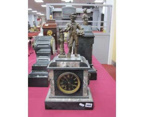 A Late XIX Century Slate Mantle Clock, surmounted with a speltre figure of a gentleman with a spade beside a bird perched on 