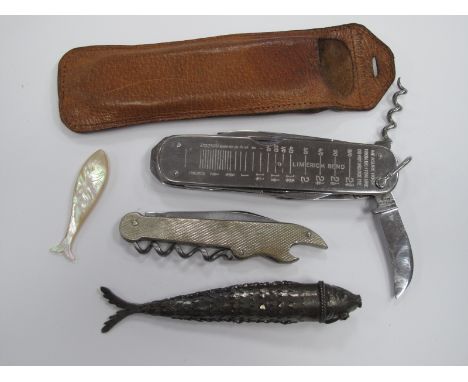 Pocket Knife (Fly Fishing) Ibberson of Sheffield, multi purpose, seven tools, 11cm closed in leather case, one other John Wat