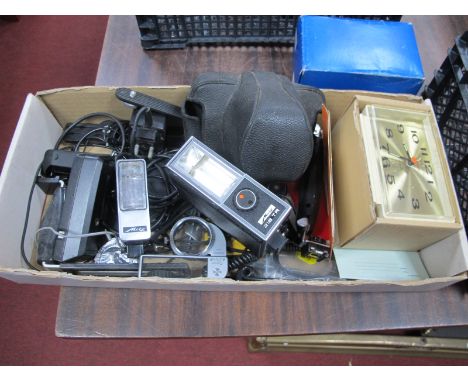 Olympus Camera Winder, Metz flashes, Canon auto up etc plus boxed seventies clock:- One Box.