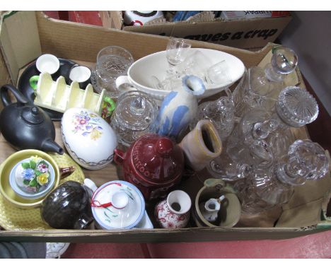 Glass Decanters, lidded jars, ceramic egg, beetroot jar, Wedgwood bowl, etc:- One Box