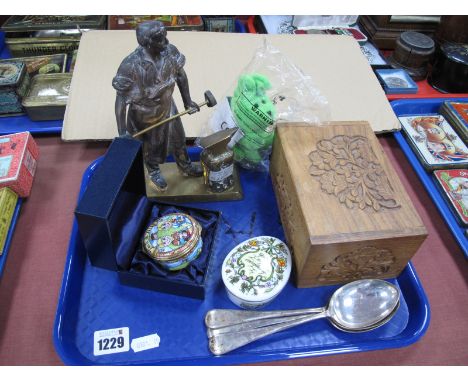 Brass Blacksmith Figure, 20cm, Franklin Mint musical box, Alastor enamel patch box, etc:- One Tray