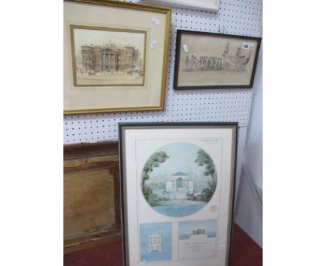 EARLY XIX CENTURY 'Proceeding to Alnwick, 1826', print, 17 X 33cm, Another, St Georges Hospital London, watercolour, signed i